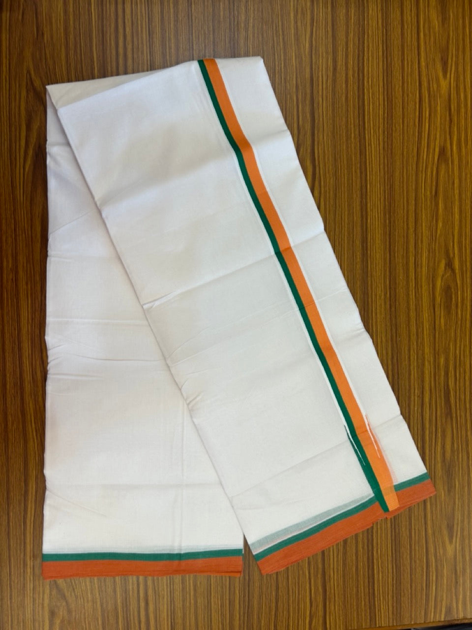 BJP VESHTI - 20% DISCOUNT! KaithariKada 100% Cotton Pure white Double Mundu/Dhoti - 100X80 - 1 inch Puliyilakkara Orange & Green Chutty Kara - 4mtr (8.5 muzham)- 23 KK5297 ASH