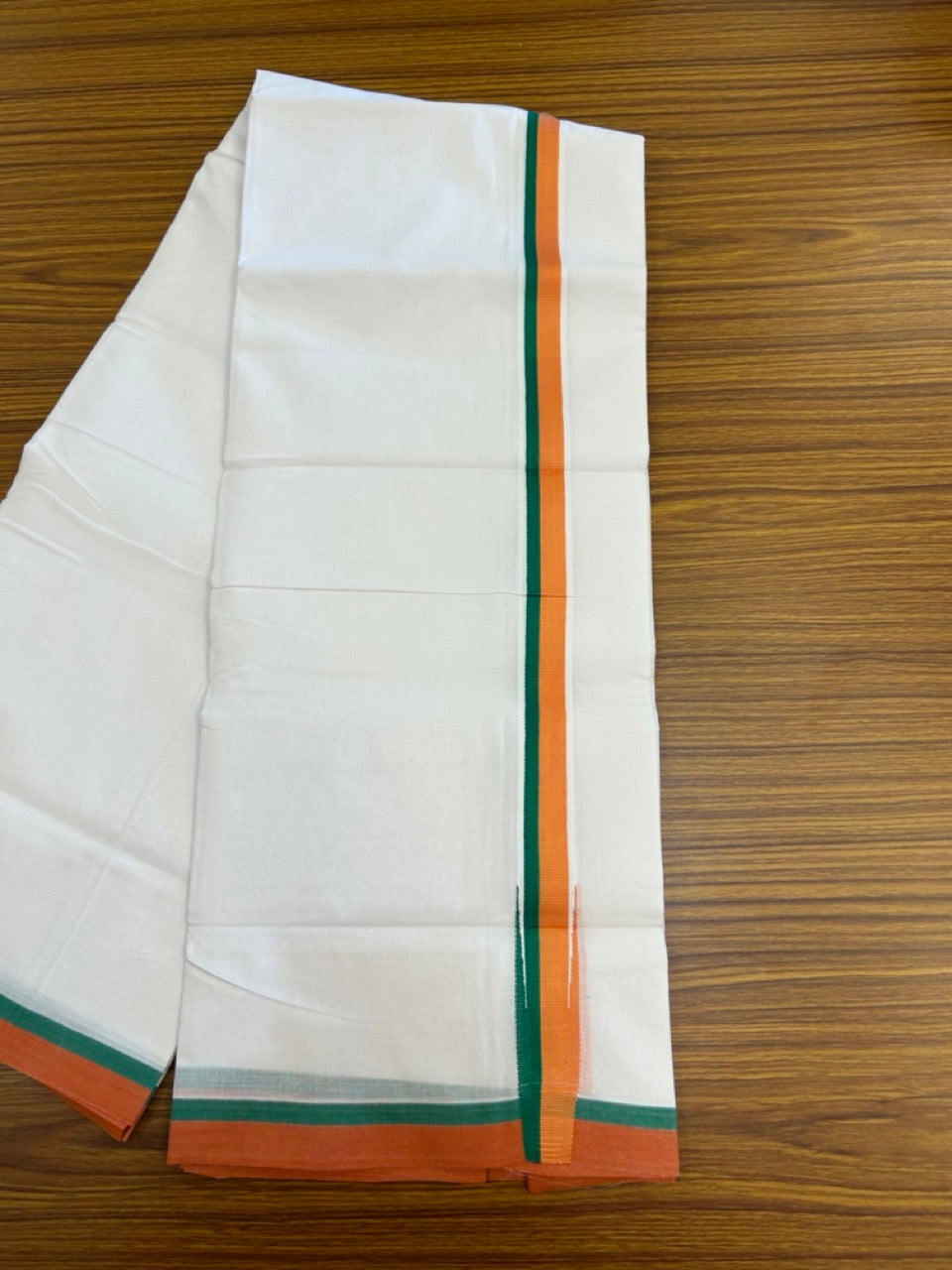 BJP VESHTI - 20% DISCOUNT! KaithariKada 100% Cotton Pure white Double Mundu/Dhoti - 100X80 - 1 inch Puliyilakkara Orange & Green Chutty Kara - 4mtr (8.5 muzham)- 23 KK5297 ASH