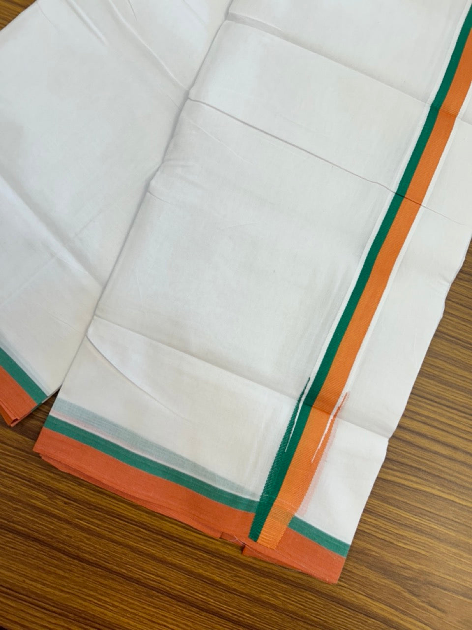 BJP VESHTI - 20% DISCOUNT! KaithariKada 100% Cotton Pure white Double Mundu/Dhoti - 100X80 - 1 inch Puliyilakkara Orange & Green Chutty Kara - 4mtr (8.5 muzham)- 23 KK5297 ASH