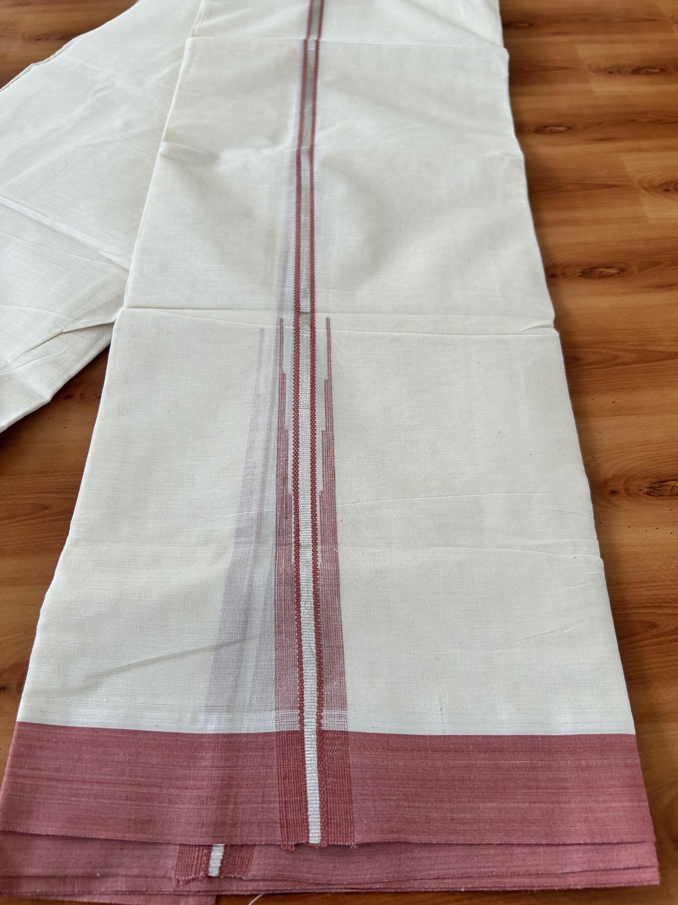 Off White Double (Unbleached) Mundu/Dhoti - 20% Discount! KaithariKada Balaramapuram 100% Cotton -100x80 - 1 inch Silver Kasav & Dusty Rose Puliyilakkara Chutty Kara 4 mtr (8.5 Muzham) - 46 KK5440 VIN