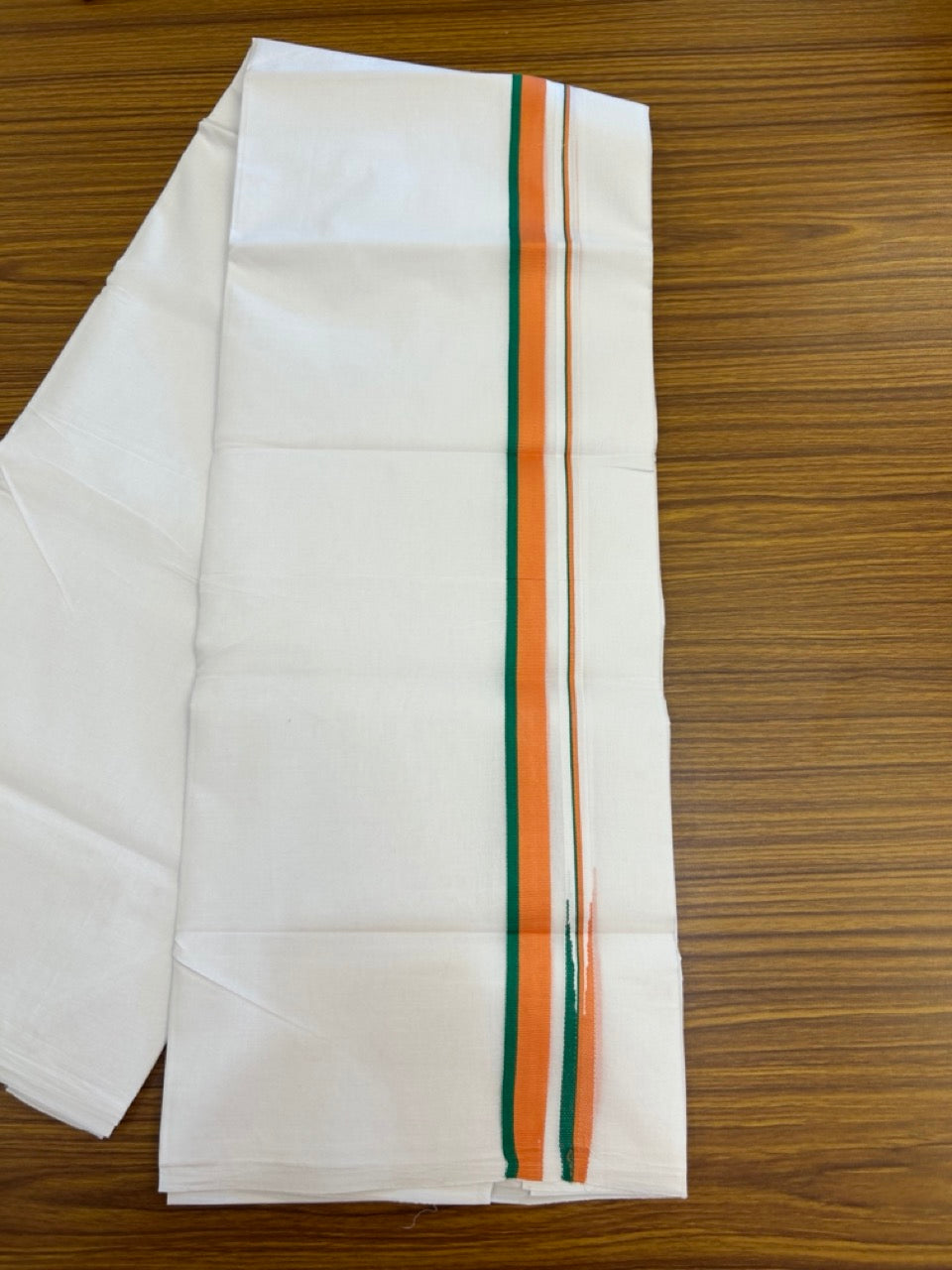 BJP VESHTI - 20% DISCOUNT! KaithariKada 100% Cotton Pure white Double Mundu/Dhoti - 100X80 - 0.75 inch Puliyilakkara Orange & Green Chutty Kara - 4mtr (8.5 muzham)- 25 KK5297 ASH