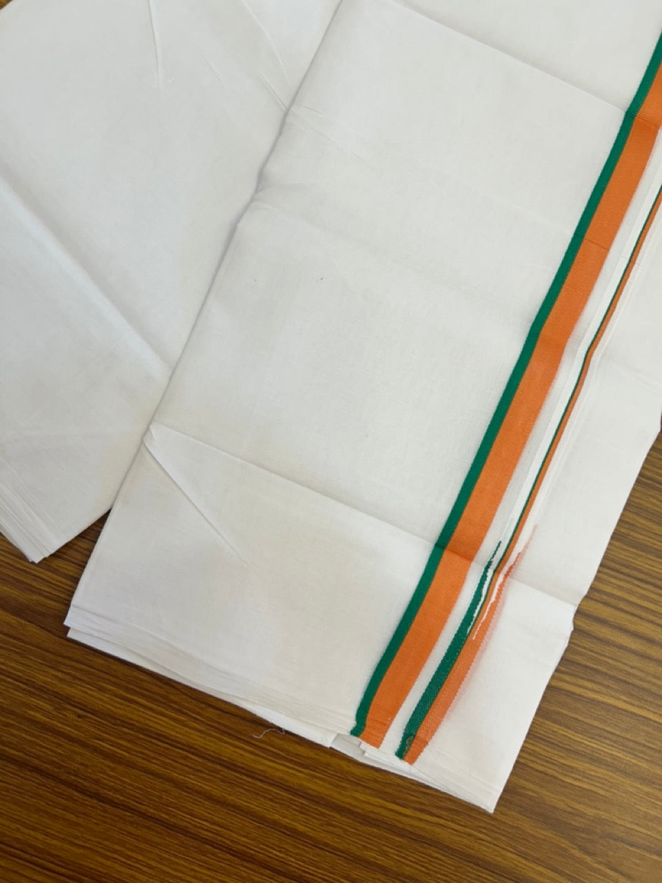 BJP VESHTI - 20% DISCOUNT! KaithariKada 100% Cotton Pure white Double Mundu/Dhoti - 100X80 - 0.75 inch Puliyilakkara Orange & Green Chutty Kara - 4mtr (8.5 muzham)- 25 KK5297 ASH