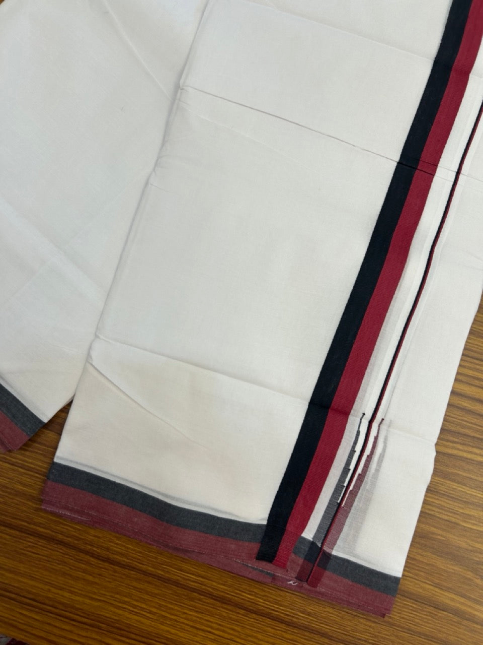 Dmk Veshti - 20% Discount! KaithariKada 100% Cotton Pure white Double Mundu/Dhoti - 100X100 - 1 inch Puliyilakkara Black & Maroon Red Chutty kara - 39 KK5297 ASH