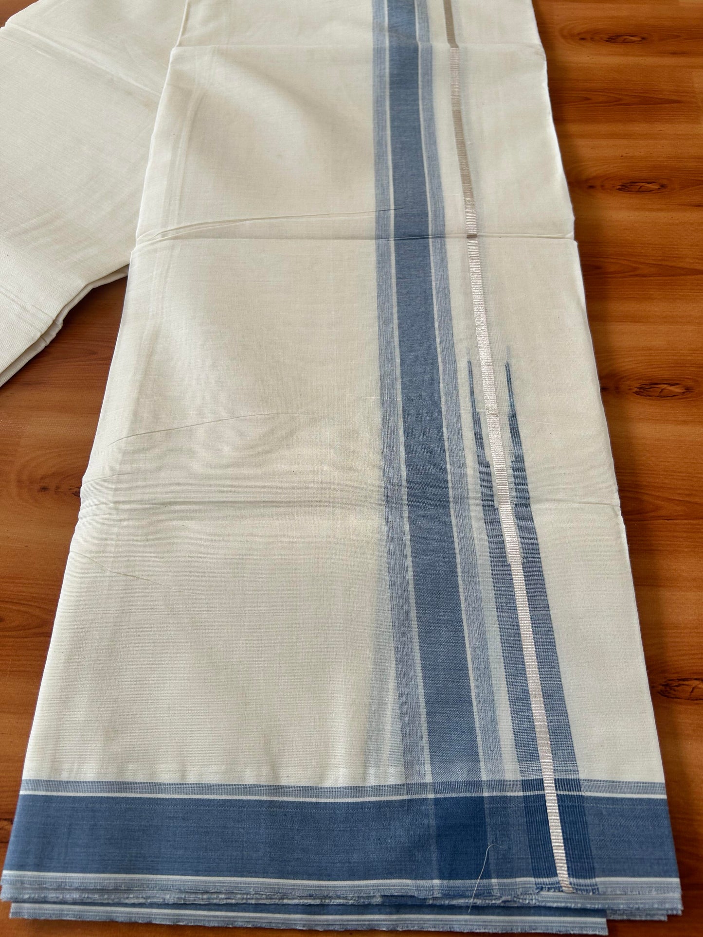 Off White Double (Unbleached) Mundu/Dhoti - 20% Discount! KaithariKada Balaramapuram 100% Cotton - 100x80 - 1.5 inch Silver Kasav & Ash Blue Stripes Puliyilakkara Chutty Kara 4 mtr (8.5 Muzham) - 63 KK5440 VIN