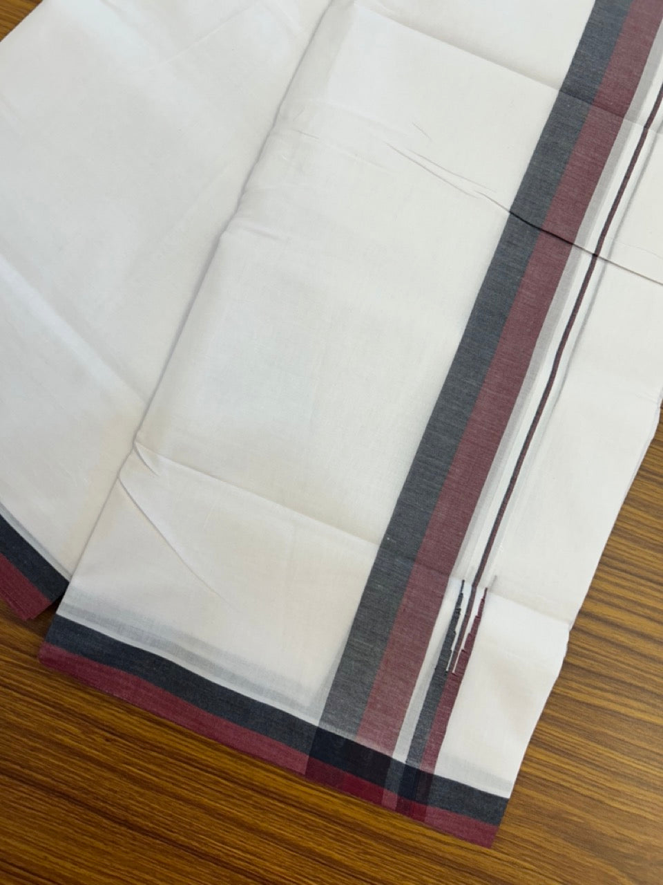 Dmk Veshti - 20% Discount! KaithariKada 100% Cotton Pure white Double Mundu/Dhoti - 100X100 - 1.5 inch Puliyilakkara Black & Maroon Shaded Chutty kara - 42 KK5297 ASH