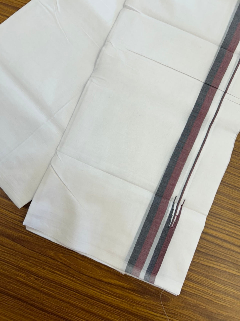 Dmk Veshti - 20% Discount! KaithariKada 100% Cotton Pure white Double Mundu/Dhoti - 100X100 - 0.75 inch Puliyilakkara Black & Maroon Shaded Chutty kara - 44 KK5297 ASH