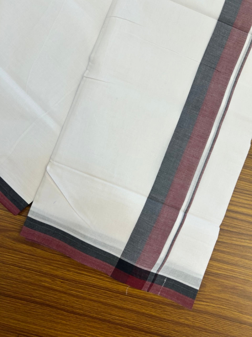 Dmk Veshti - 20% Discount! KaithariKada 100% Cotton Pure white Double Mundu/Dhoti - 100X100 - 1.75 inch Black & Maroon Shaded kara - 38 KK5297 ASH