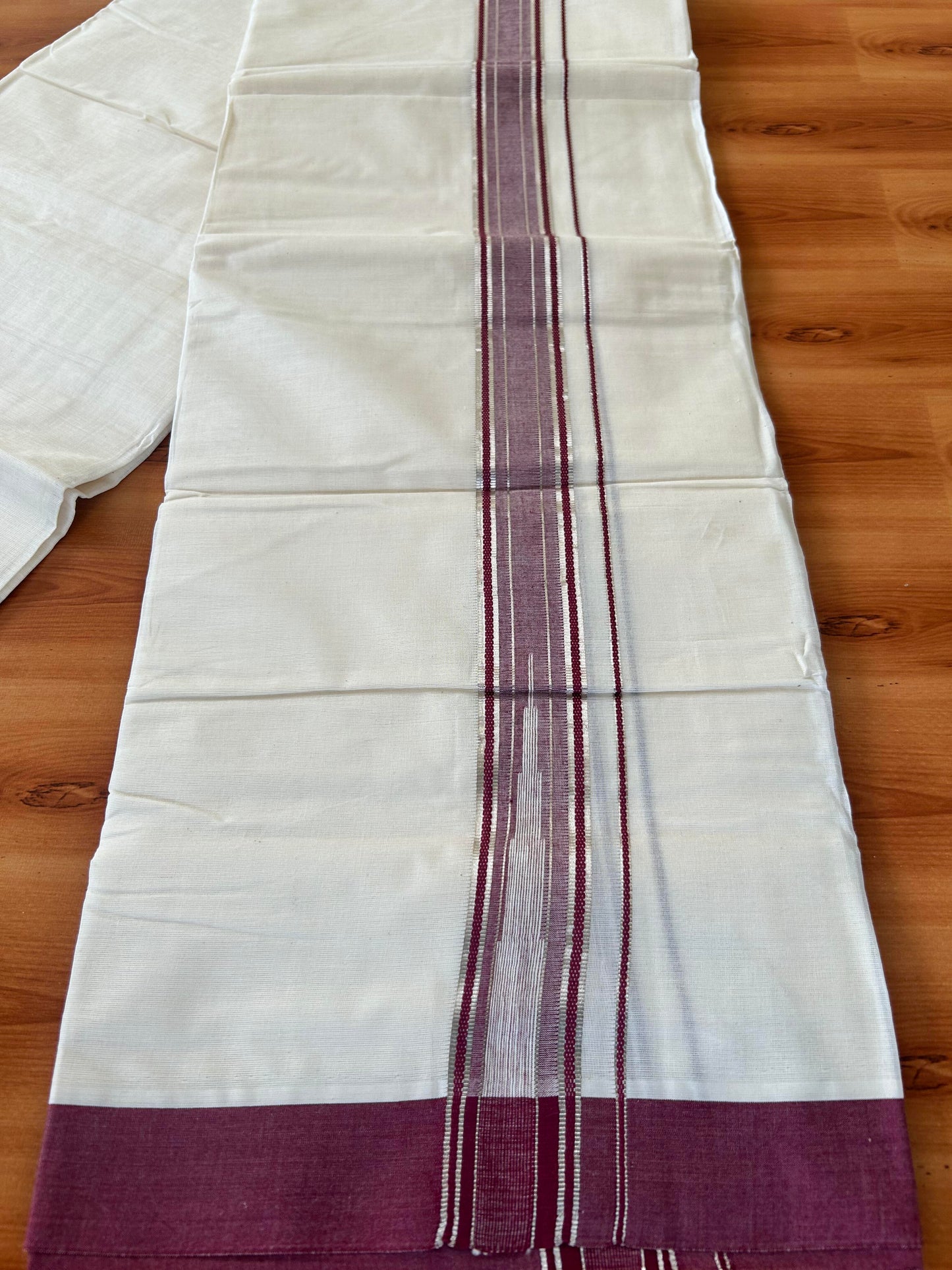 Off White Double (Unbleached) Mundu/Dhoti - 20% Discount! KaithariKada Balaramapuram 100% Cotton - 100x80 - 1.5 inch Silver Kasav & Maroon Stripes Puliyilakkara Chutty Kara 4 mtr (8.5 Muzham) - 62 KK5440 VIN
