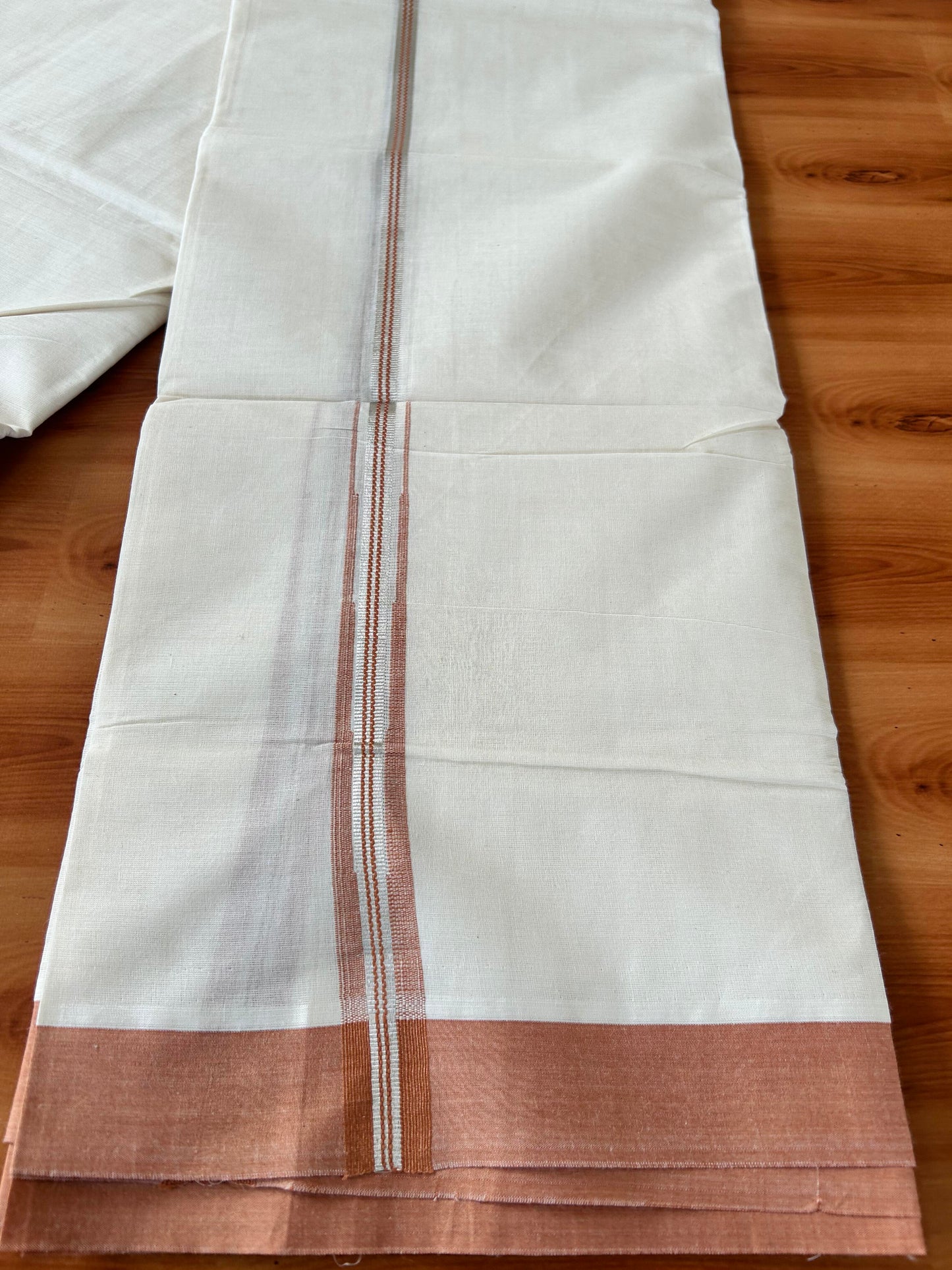 Off White Double (Unbleached) Mundu/Dhoti - 20% Discount! KaithariKada Balaramapuram 100% Cotton -100x80 - 1 inch Silver Kasav & Brown Stripes Puliyilakkara Chutty Kara 4 mtr (8.5 Muzham) - 52 KK5440 VIN