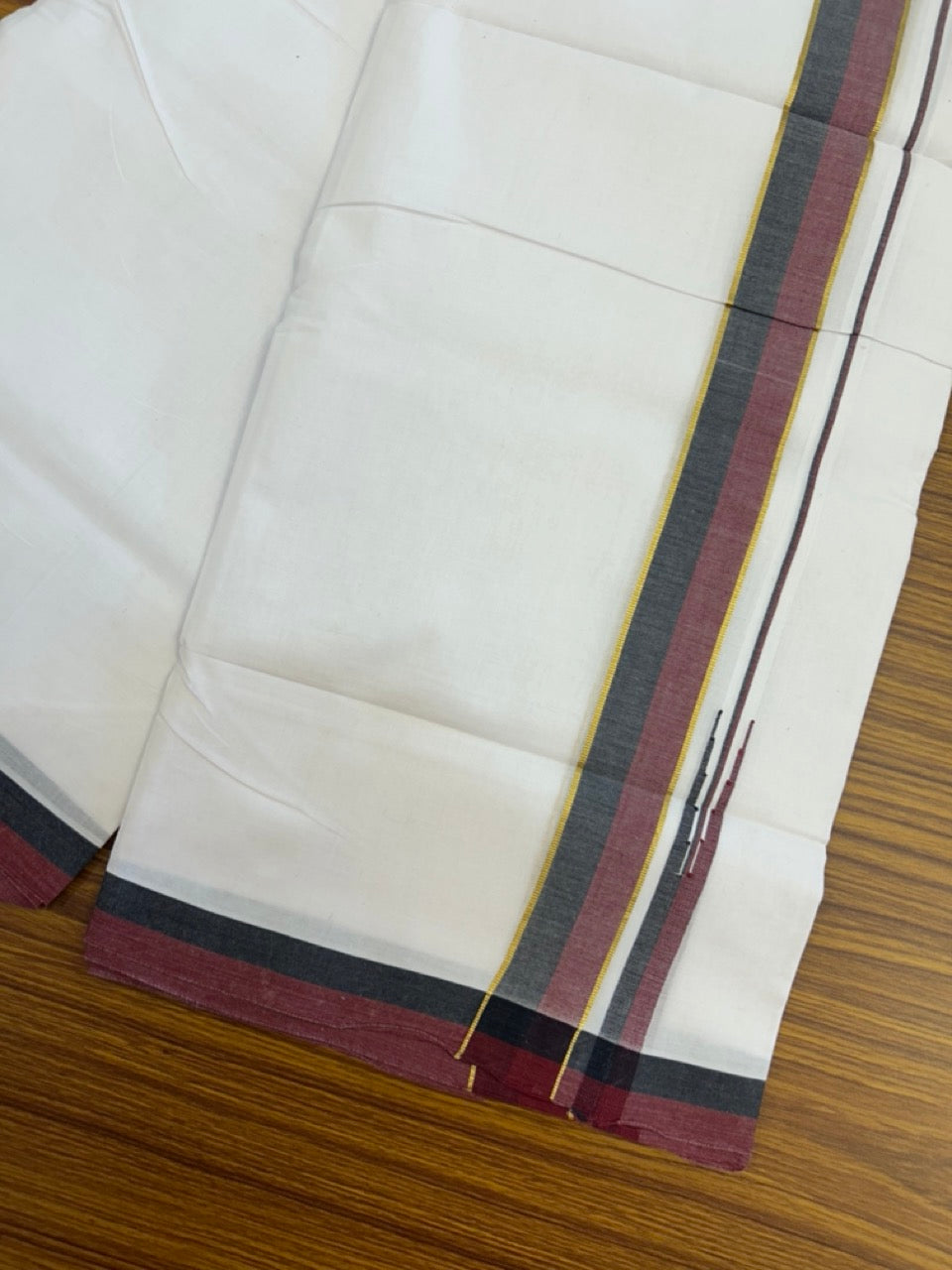 Dmk Veshti - 20% Discount! KaithariKada 100% Cotton Pure white Double Mundu/Dhoti - 100X100 - 1.5 inch Puliyilakkara Gold Kasav Black & Maroon Shaded Chutty kara - 45 KK5297 ASH