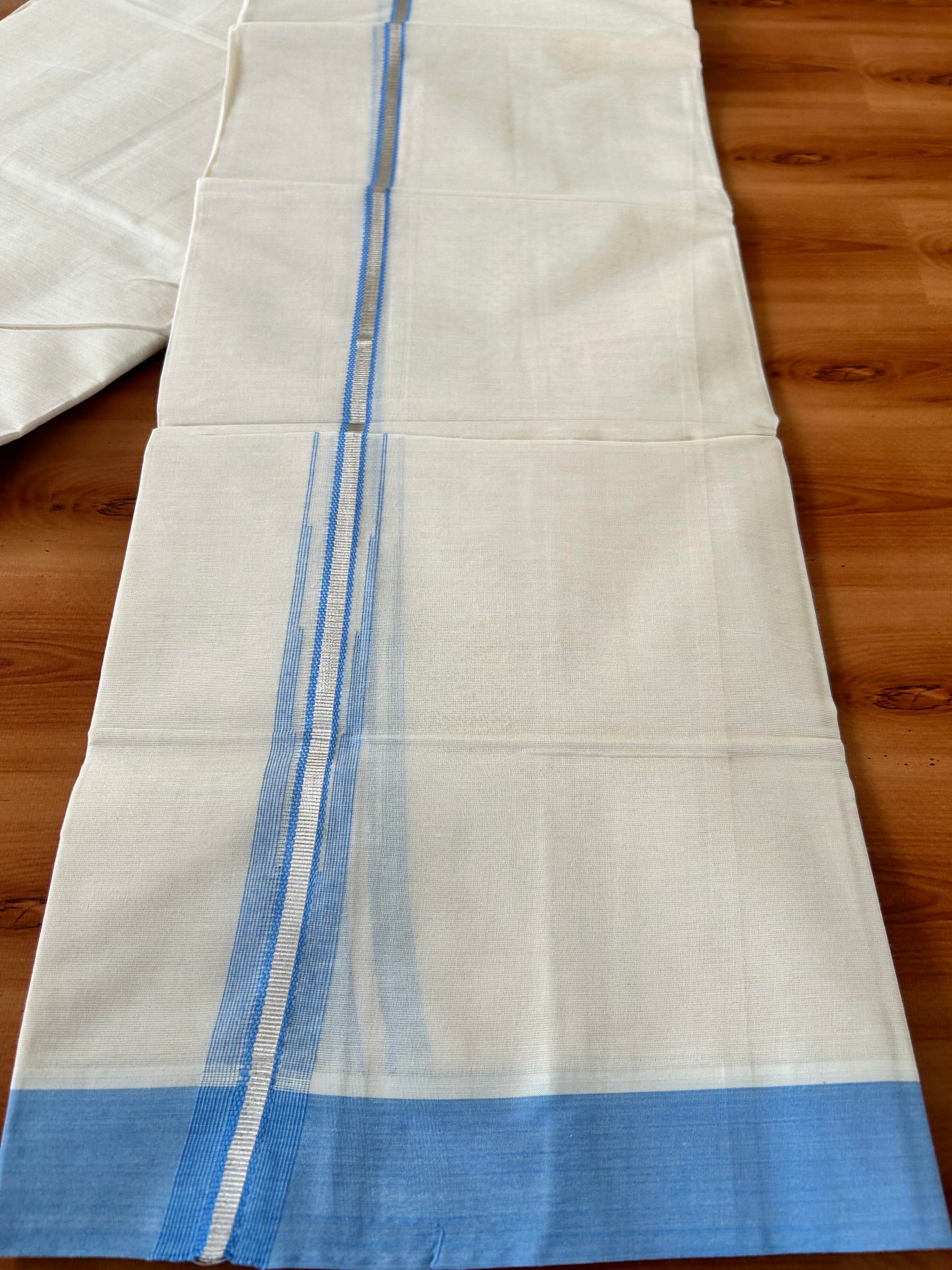 Off White Double (Unbleached) Mundu/Dhoti - 20% Discount! KaithariKada Balaramapuram 100% Cotton -100x80 - 1 inch Silver Kasav & Blue Puliyilakkara Chutty Kara 4 mtr (8.5 Muzham) - 50 KK5440 VIN