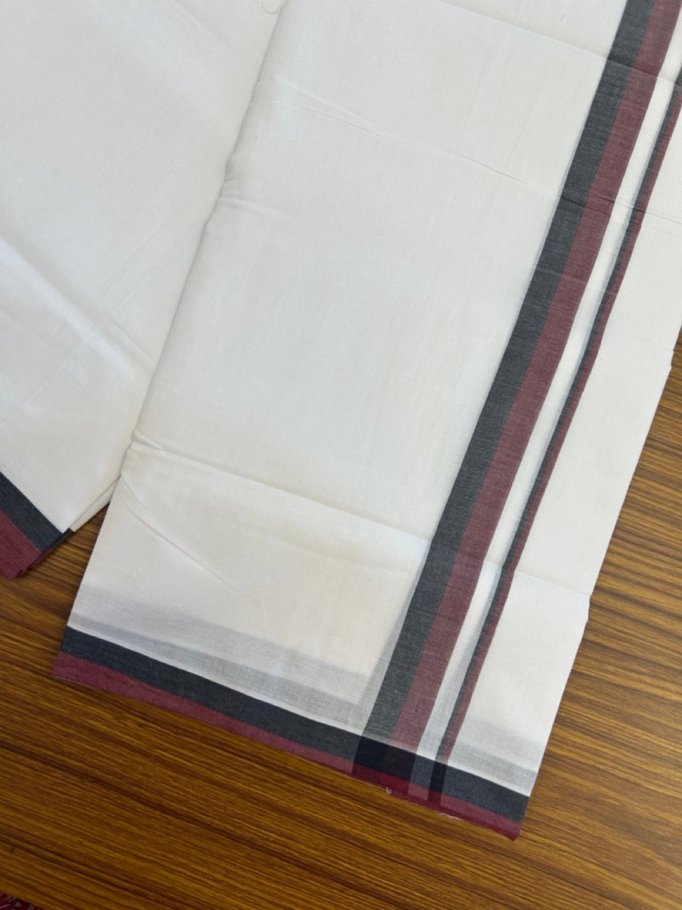 Dmk Veshti - 20% Discount! KaithariKada 100% Cotton Pure white Double Mundu/Dhoti - 100X100 - 1 inch Black & Maroon Shaded kara - 37 KK5297 ASH