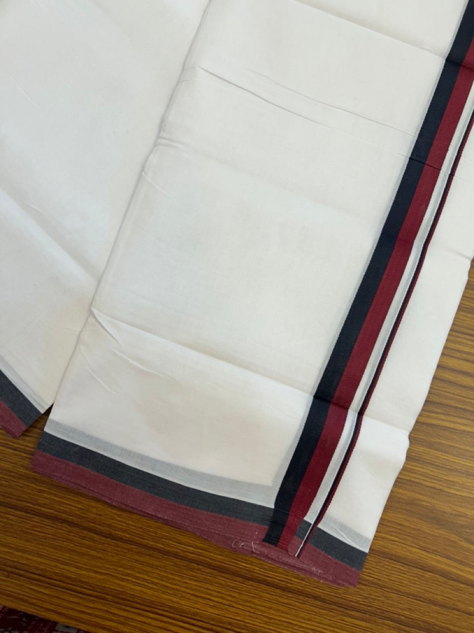 Dmk Veshti - 20% Discount! KaithariKada 100% Cotton Pure white Double Mundu/Dhoti - 100X100 - 1 inch Black & Maroon kara - 36 KK5297 ASH