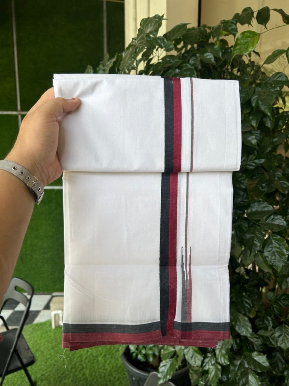 Dmk Veshti - 20% Discount! KaithariKada 100% Cotton Pure white Double Mundu/Dhoti - 100X100 - 0.75 inch Puliyilakkara Black & Maroon Chutty kara - 41 KK5297 ASH