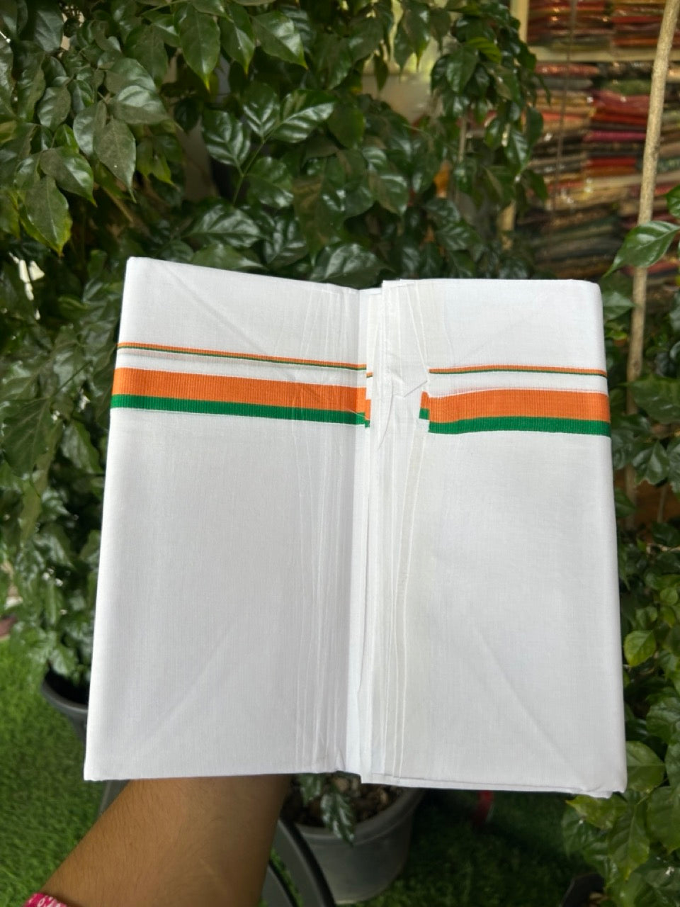 BJP VESHTI - 20% DISCOUNT! KaithariKada 100% Cotton Pure white Double Mundu/Dhoti - 100X100 - 0.75 inch Orange & Green Kara - 3 KK5297 ASH