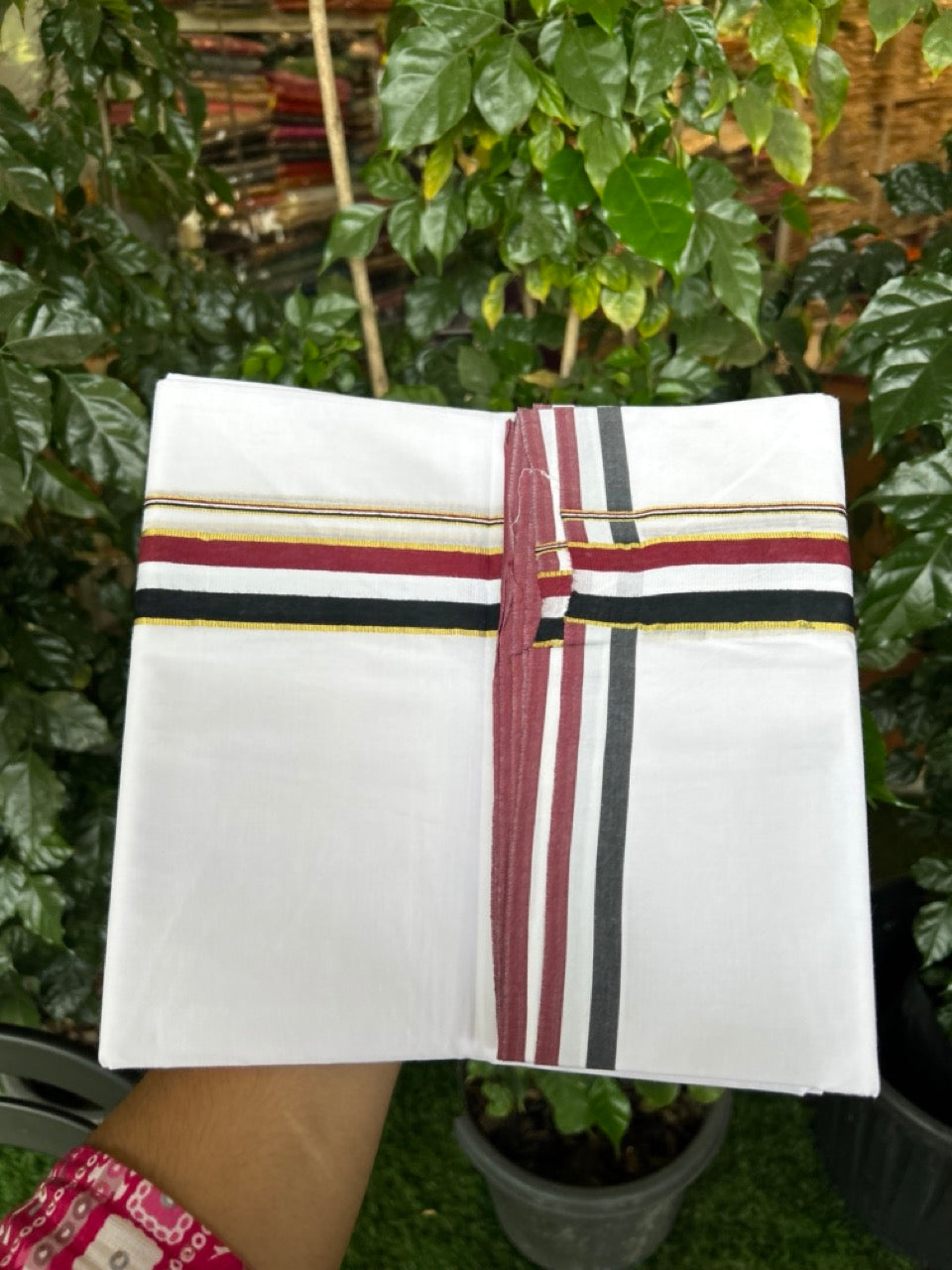 ADMK VESHTI - 20% DISCOUNT! KaithariKada 100% Cotton Pure white Double - (Unbleached) Mundu/Dhoti - 100X100 - 1.25 inch Gold Kasavu & Black White Maroon kara - 6 KK5297 ASH