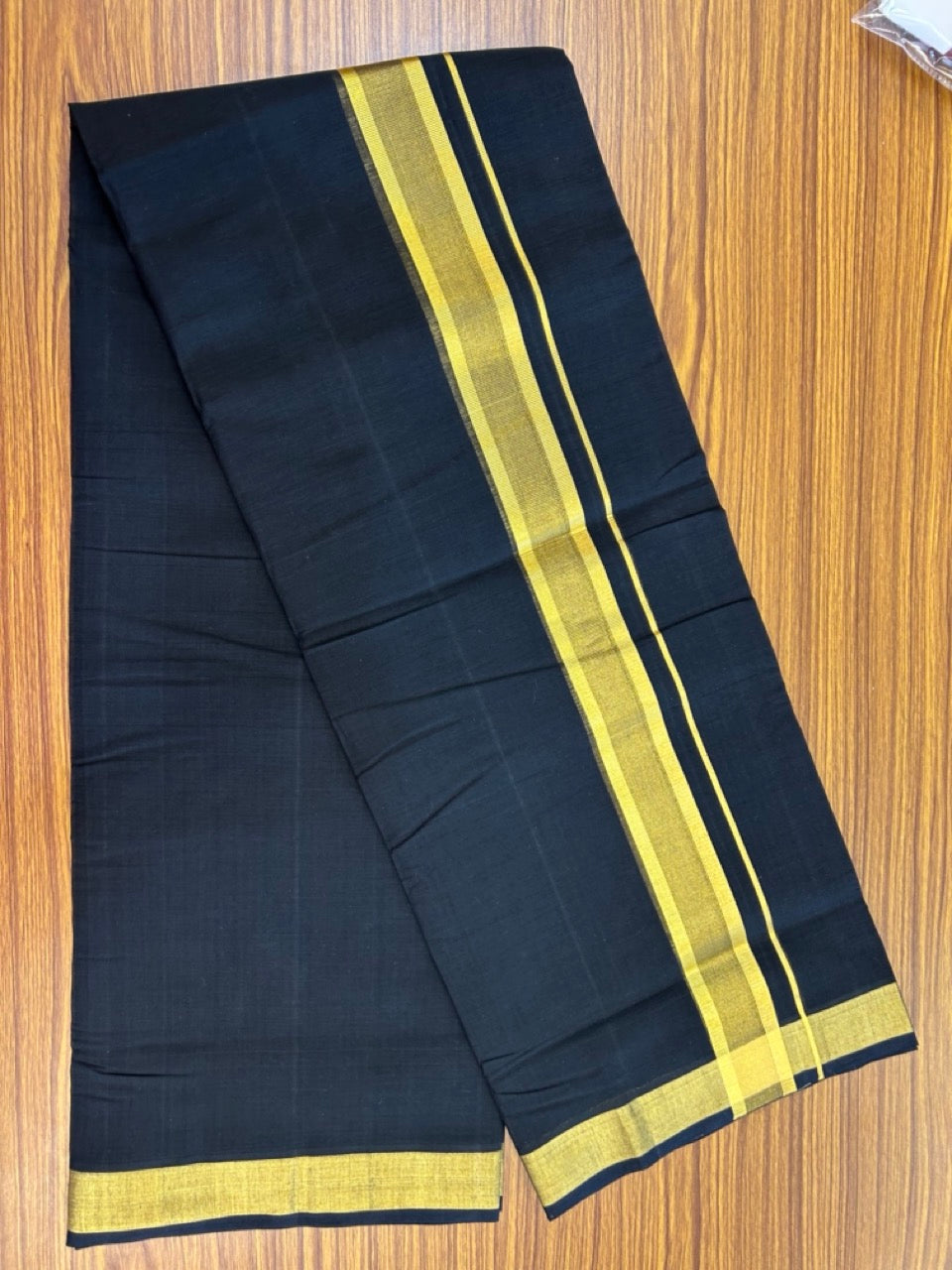 25% Discount! KaithariKada Handloom Unakkupaav Balaramapuram - Pure Cotton Double Mundu/Dhoti (Unbleached) - 100x80 - Black Colour Body - 1.75 inch Gold Kasavu Striped Kara - 2 KK5295 ABH