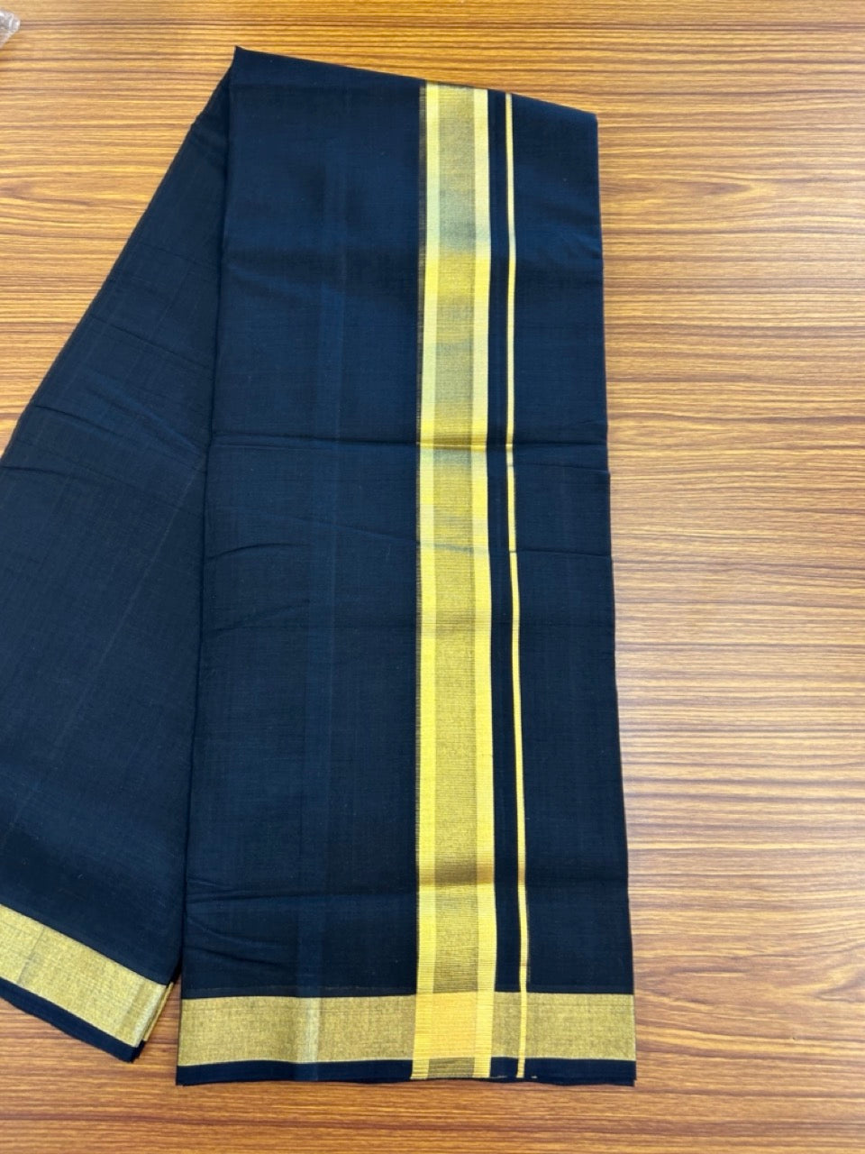 25% Discount! KaithariKada Handloom Unakkupaav Balaramapuram - Pure Cotton Double Mundu/Dhoti (Unbleached) - 100x80 - Black Colour Body - 1.75 inch Gold Kasavu Striped Kara - 2 KK5295 ABH