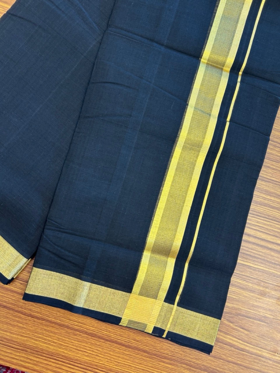 25% Discount! KaithariKada Handloom Unakkupaav Balaramapuram - Pure Cotton Double Mundu/Dhoti (Unbleached) - 100x80 - Black Colour Body - 1.75 inch Gold Kasavu Striped Kara - 2 KK5295 ABH