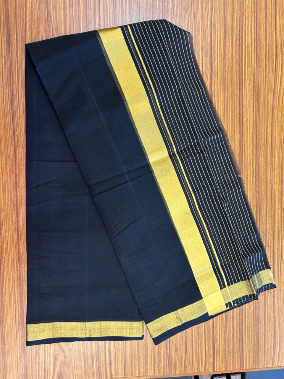 25% Discount! KaithariKada Handloom Unakkupaav Balaramapuram - Pure Cotton Double Mundu/Dhoti (Unbleached) - 100x80 - Black Colour Body - 7 inch Gold Kasavu Striped Kara - 3 KK5295 ABH