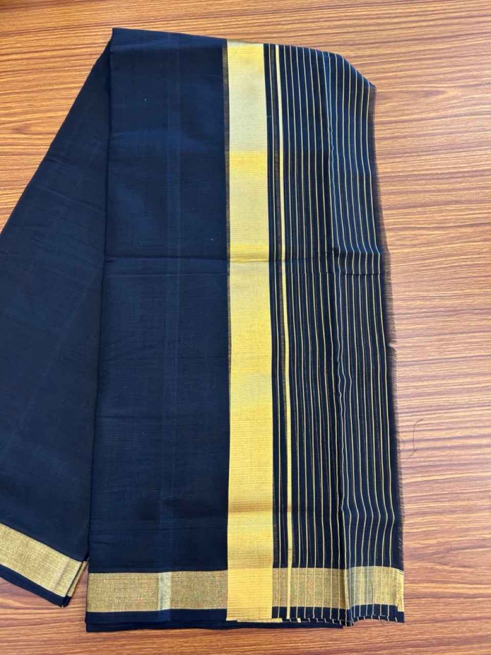 25% Discount! KaithariKada Handloom Unakkupaav Balaramapuram - Pure Cotton Double Mundu/Dhoti (Unbleached) - 100x80 - Black Colour Body - 7 inch Gold Kasavu Striped Kara - 3 KK5295 ABH