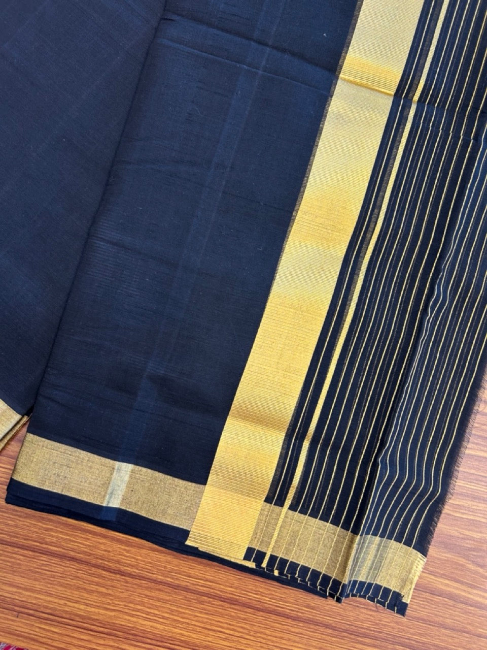 25% Discount! KaithariKada Handloom Unakkupaav Balaramapuram - Pure Cotton Double Mundu/Dhoti (Unbleached) - 100x80 - Black Colour Body - 7 inch Gold Kasavu Striped Kara - 3 KK5295 ABH