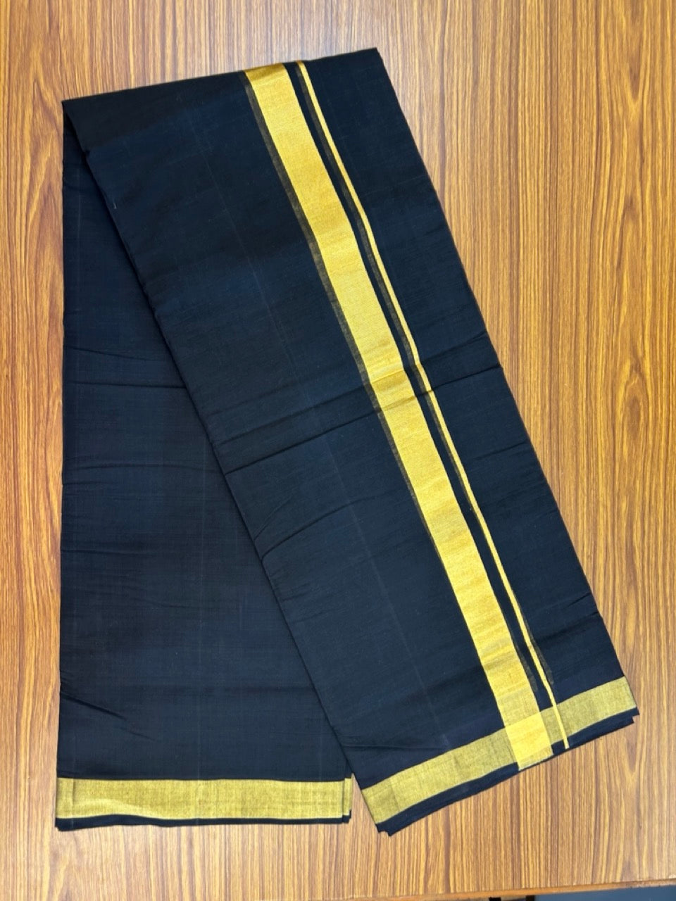 25% Discount! KaithariKada Handloom Unakkupaav Balaramapuram - Pure Cotton Double Mundu/Dhoti (Unbleached) - 100x80 - Black Colour Body - 1.25 inch Gold Kasavu Kara - 1 KK5295 ABH
