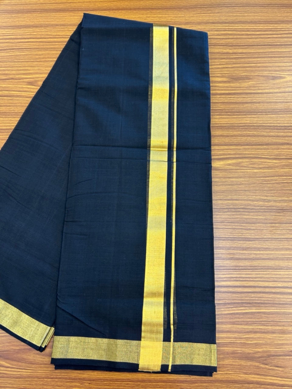 25% Discount! KaithariKada Handloom Unakkupaav Balaramapuram - Pure Cotton Double Mundu/Dhoti (Unbleached) - 100x80 - Black Colour Body - 1.25 inch Gold Kasavu Kara - 1 KK5295 ABH