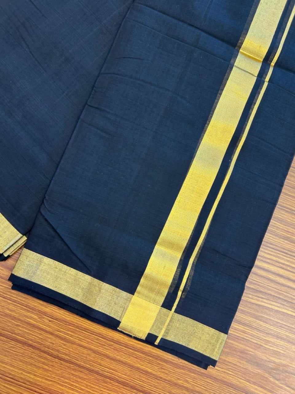 25% Discount! KaithariKada Handloom Unakkupaav Balaramapuram - Pure Cotton Double Mundu/Dhoti (Unbleached) - 100x80 - Black Colour Body - 1.25 inch Gold Kasavu Kara - 1 KK5295 ABH