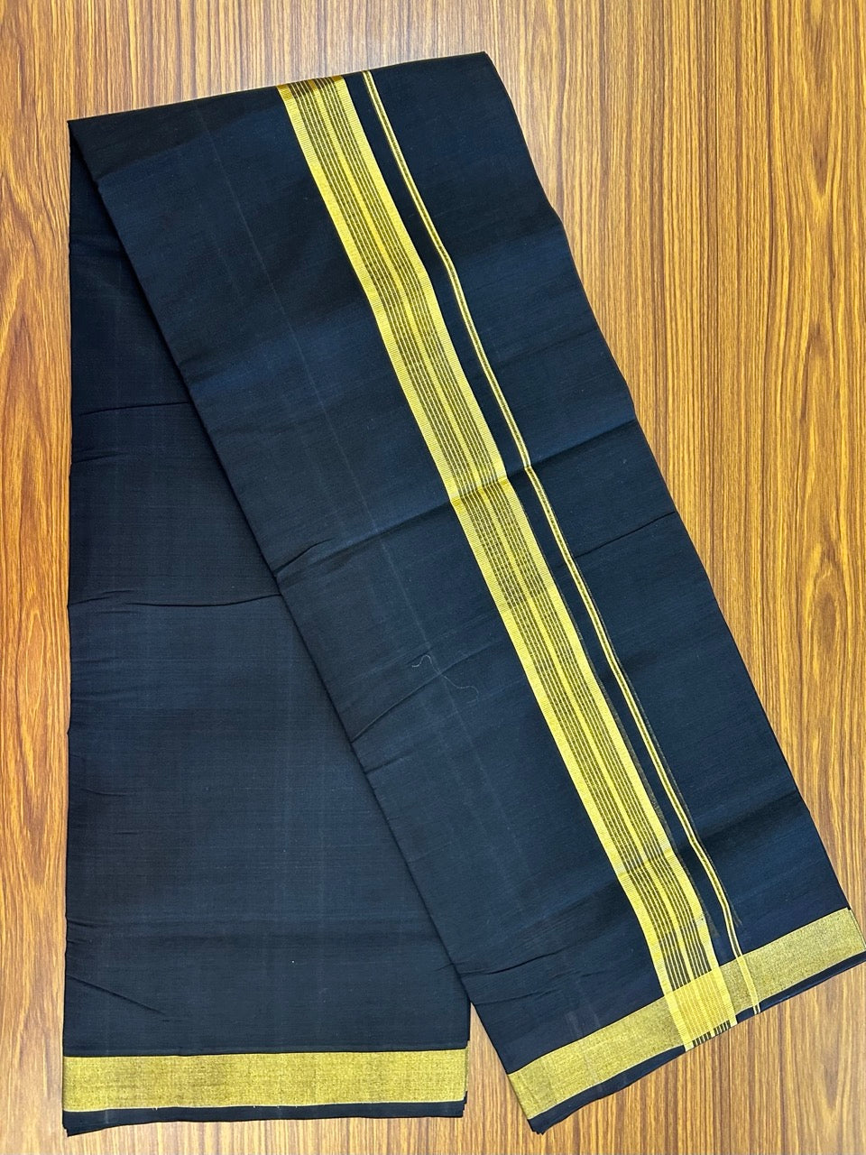 25% Discount! KaithariKada Handloom Unakkupaav Balaramapuram - Pure Cotton Double Mundu/Dhoti (Unbleached) - 100x80 - Black Colour Body - 1.5 inch Gold Kasavu Striped Kara - 4 KK5295 ABH