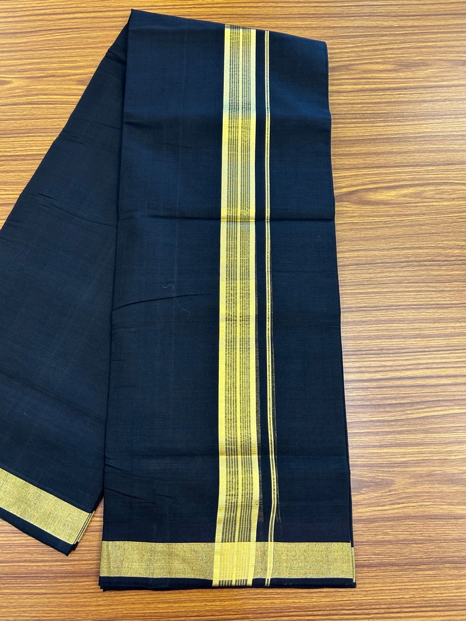 25% Discount! KaithariKada Handloom Unakkupaav Balaramapuram - Pure Cotton Double Mundu/Dhoti (Unbleached) - 100x80 - Black Colour Body - 1.5 inch Gold Kasavu Striped Kara - 4 KK5295 ABH