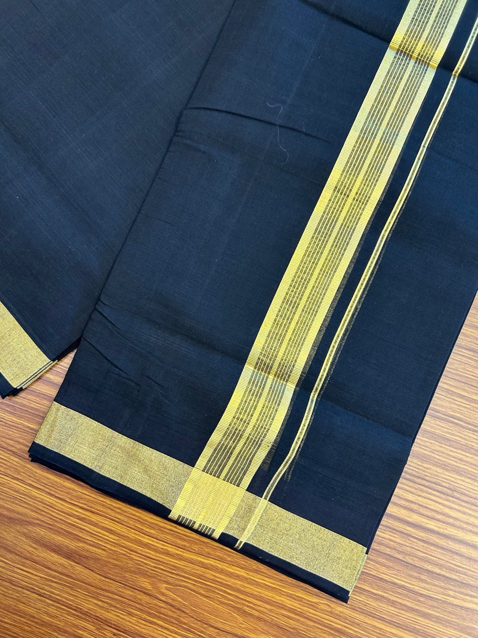 25% Discount! KaithariKada Handloom Unakkupaav Balaramapuram - Pure Cotton Double Mundu/Dhoti (Unbleached) - 100x80 - Black Colour Body - 1.5 inch Gold Kasavu Striped Kara - 4 KK5295 ABH