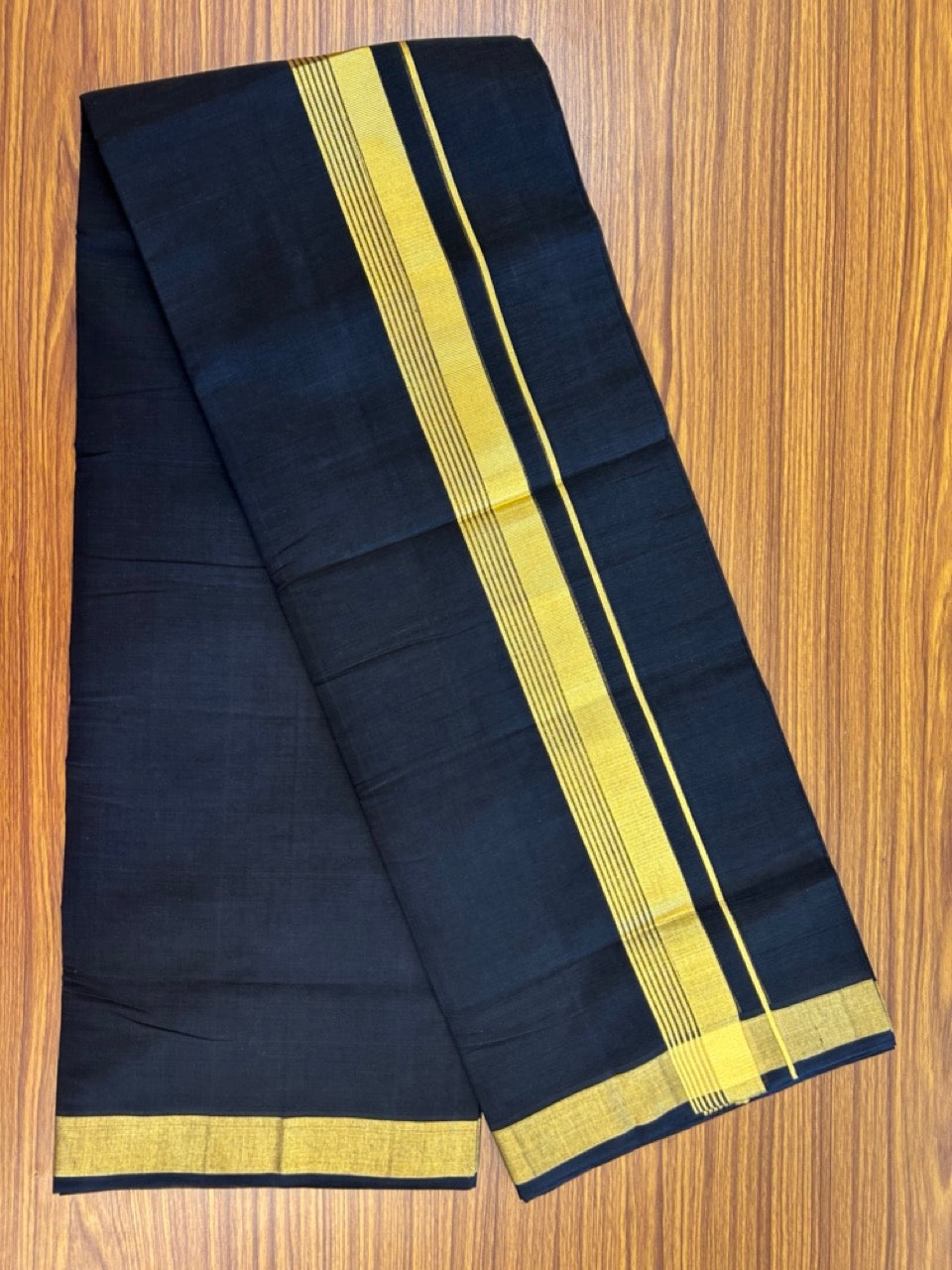 25% Discount! KaithariKada Handloom Unakkupaav Balaramapuram - Pure Cotton Double Mundu/Dhoti (Unbleached) - 100x80 - Black Colour Body - 1.75 inch Gold Kasavu Side Striped Kara - 5 KK5295 ABH
