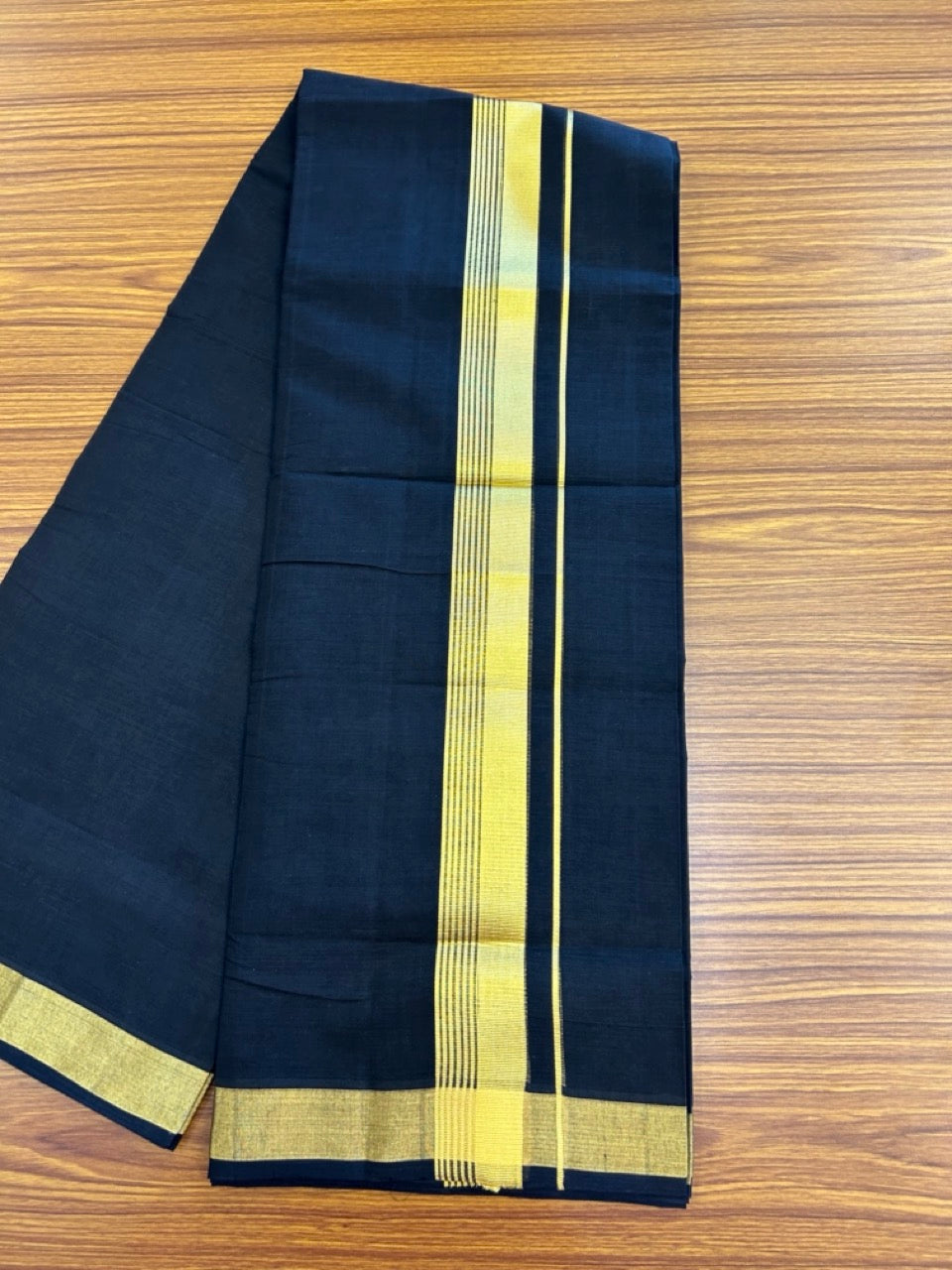 25% Discount! KaithariKada Handloom Unakkupaav Balaramapuram - Pure Cotton Double Mundu/Dhoti (Unbleached) - 100x80 - Black Colour Body - 1.75 inch Gold Kasavu Side Striped Kara - 5 KK5295 ABH