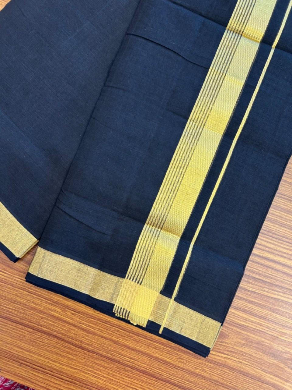25% Discount! KaithariKada Handloom Unakkupaav Balaramapuram - Pure Cotton Double Mundu/Dhoti (Unbleached) - 100x80 - Black Colour Body - 1.75 inch Gold Kasavu Side Striped Kara - 5 KK5295 ABH