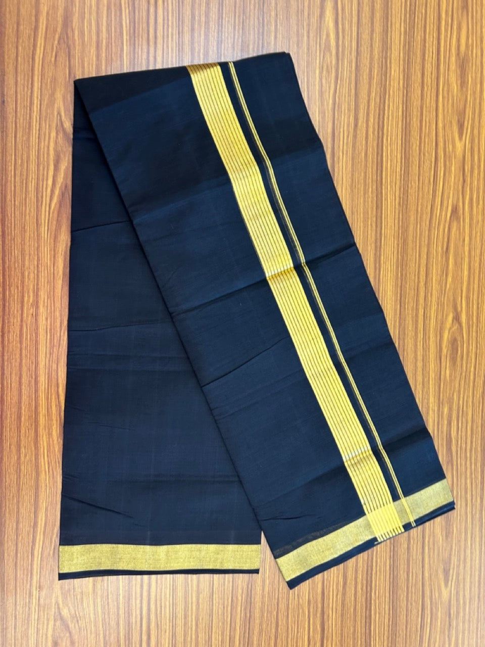 25% Discount! KaithariKada Handloom Unakkupaav Balaramapuram - Pure Cotton Double Mundu/Dhoti (Unbleached) - 100x80 - Black Colour Body - 1.5 inch Gold Kasavu Striped Kara - 6 KK5295 ABH