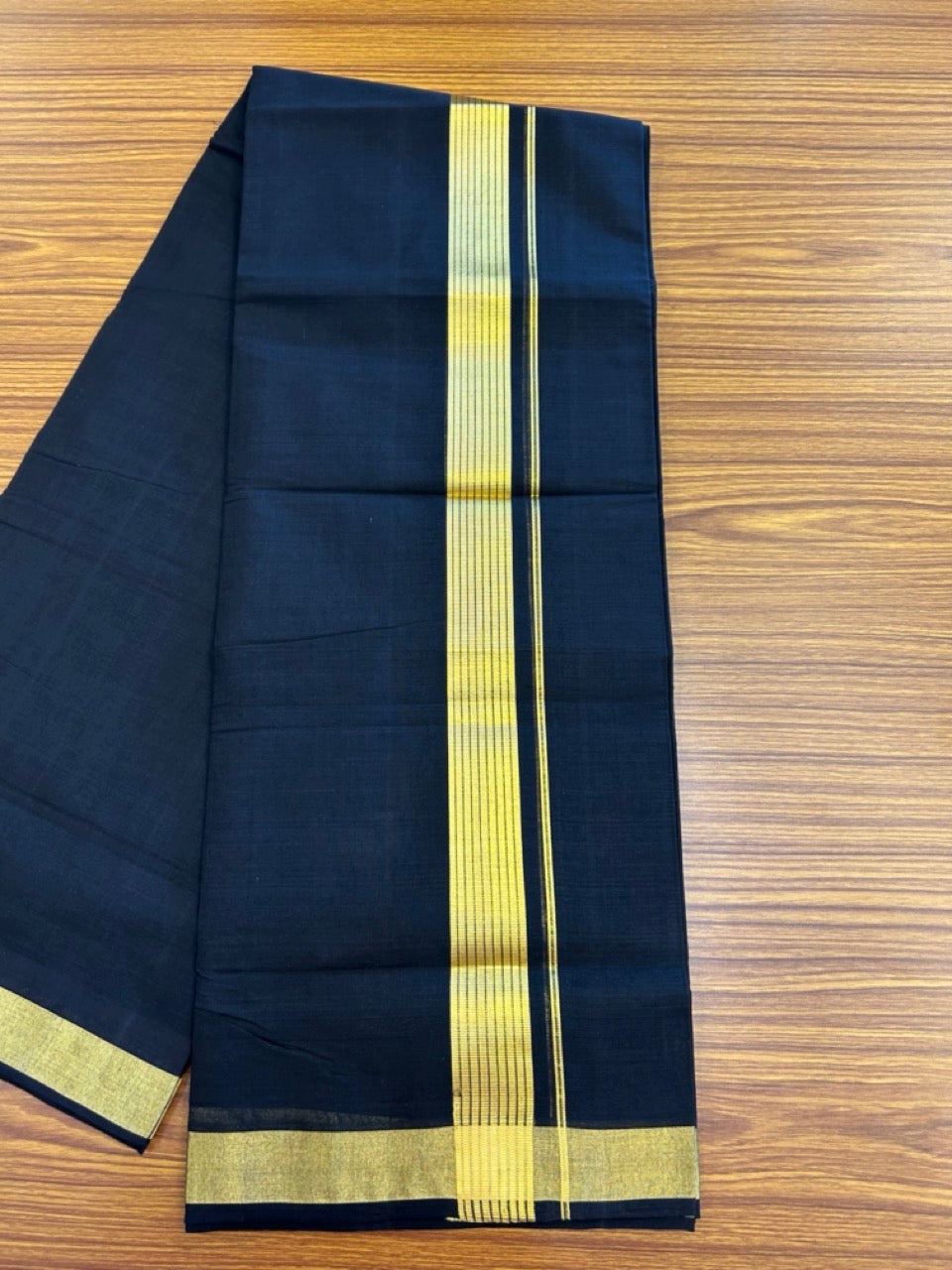 25% Discount! KaithariKada Handloom Unakkupaav Balaramapuram - Pure Cotton Double Mundu/Dhoti (Unbleached) - 100x80 - Black Colour Body - 1.5 inch Gold Kasavu Striped Kara - 6 KK5295 ABH