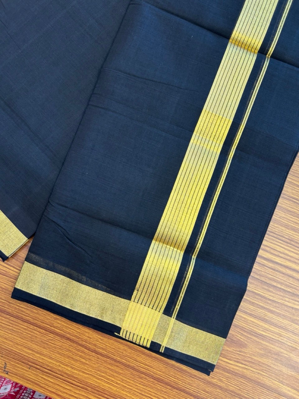 25% Discount! KaithariKada Handloom Unakkupaav Balaramapuram - Pure Cotton Double Mundu/Dhoti (Unbleached) - 100x80 - Black Colour Body - 1.5 inch Gold Kasavu Striped Kara - 6 KK5295 ABH