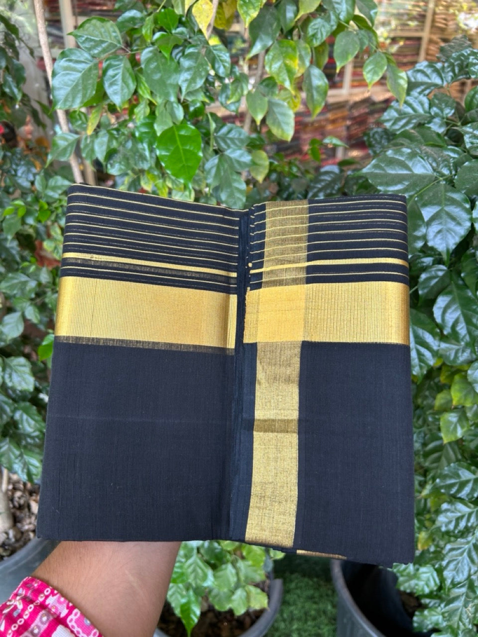 25% Discount! KaithariKada Handloom Unakkupaav Balaramapuram - Pure Cotton Double Mundu/Dhoti (Unbleached) - 100x80 - Black Colour Body - 7 inch Gold Kasavu Striped Kara - 3 KK5295 ABH