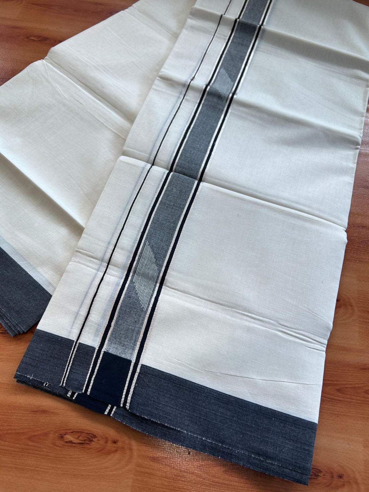 Double Off White (Unbleached) Mundu/Dhoti- 20% Discount! KaithariKada Pure Cotton - 100X80 - 1.5 inch Silver Kasav & Black Jaquard Design Kara - 4 mtr (8.5 Muzham) - 15 KK5510 VAS