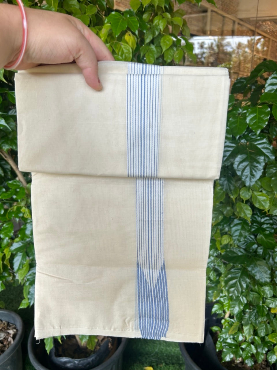 20%OFFER! KaithariKada Balaramapuram 100% Cotton Double OFF WHITE - (Unbleached) Mundu/Dhoti-100x100 - 1.5 inch 12 LINE Puliyilakkara Blue Chutty Kara- 44KK5218ASH