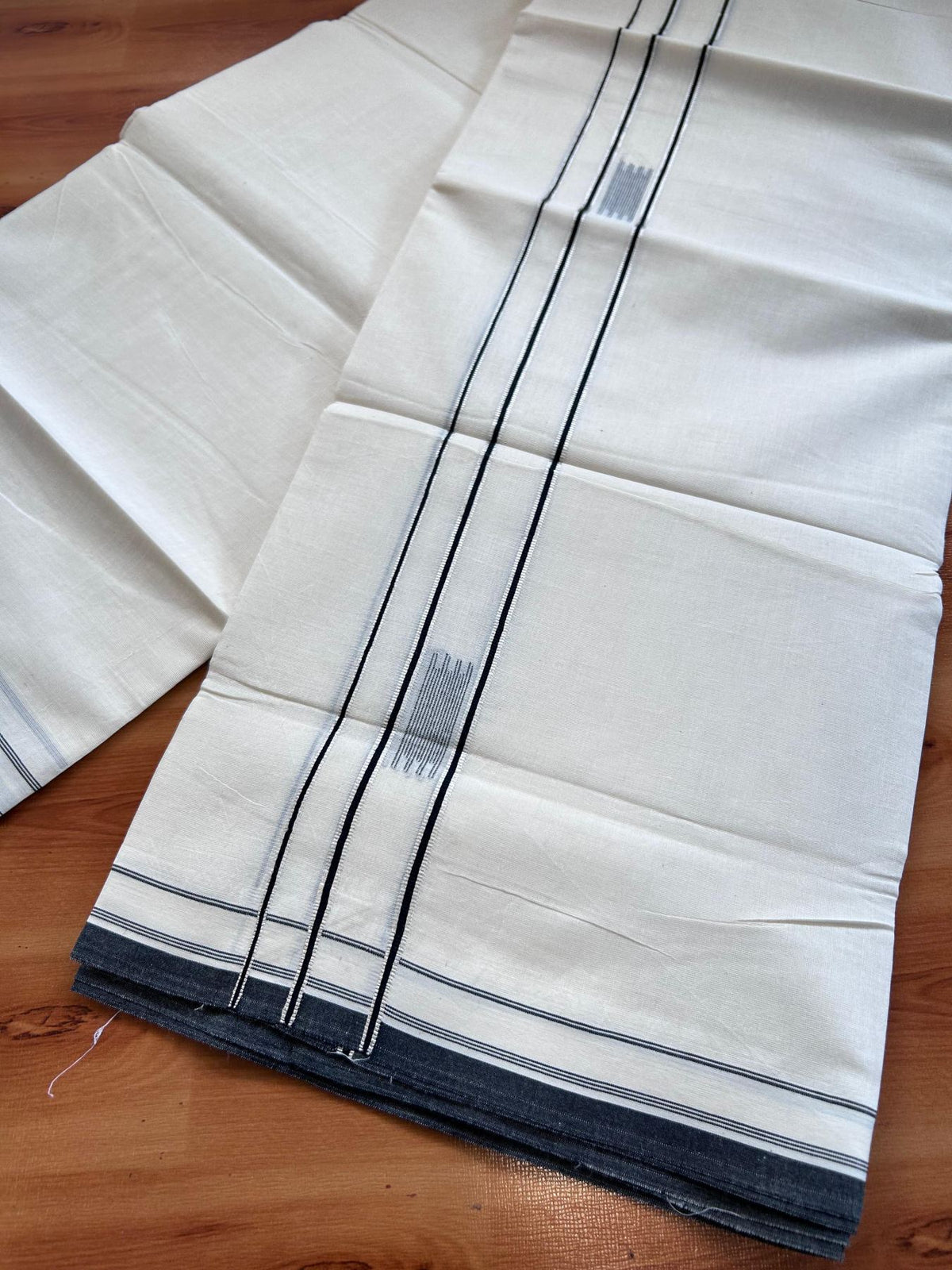 Double Off White (Unbleached) Mundu/Dhoti- 20% Discount! KaithariKada Pure Cotton - 100X80 - 1 inch Silver Kasav & Black Jaquard Design Kara - 4 mtr (8.5 Muzham) - 18 KK5510 VAS