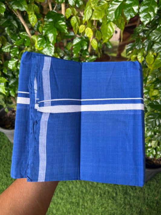 10% Discount !! KaithariKada 100% Pure Cotton - HANDLOOM Single Mundu/Dhoti Blue COLOUR BODY & White 1.5 cm Kara- (2 meter / 4 muzham)- 3KK8025 ELA