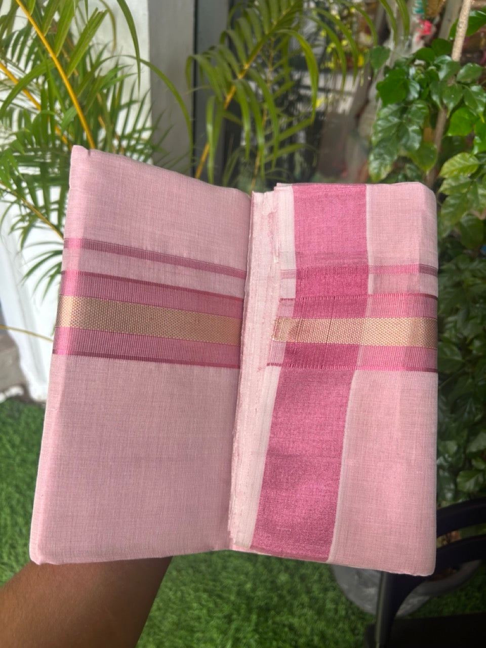 25% DISCOUNT! KaithariKada HANDLOOM MILLPAAV Balaramapuram - 100% PURE Cotton Off White (Unbleached) - Double Mundu/Dhoti - 2 inch Gold Kasavu striped kara & Pink Tissue Body - 19KK5170RAM