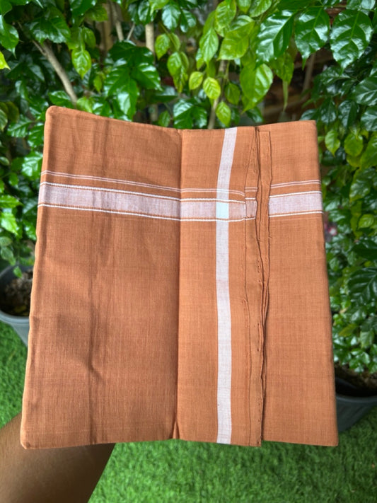10% Discount !! KaithariKada 100% Pure Cotton - HANDLOOM Single Mundu/Dhoti  KAVI Brown COLOUR BODY & 0.75 inch White Striped Kara - 2.5mtr (5.36 muzham)- 17KK8020ELA