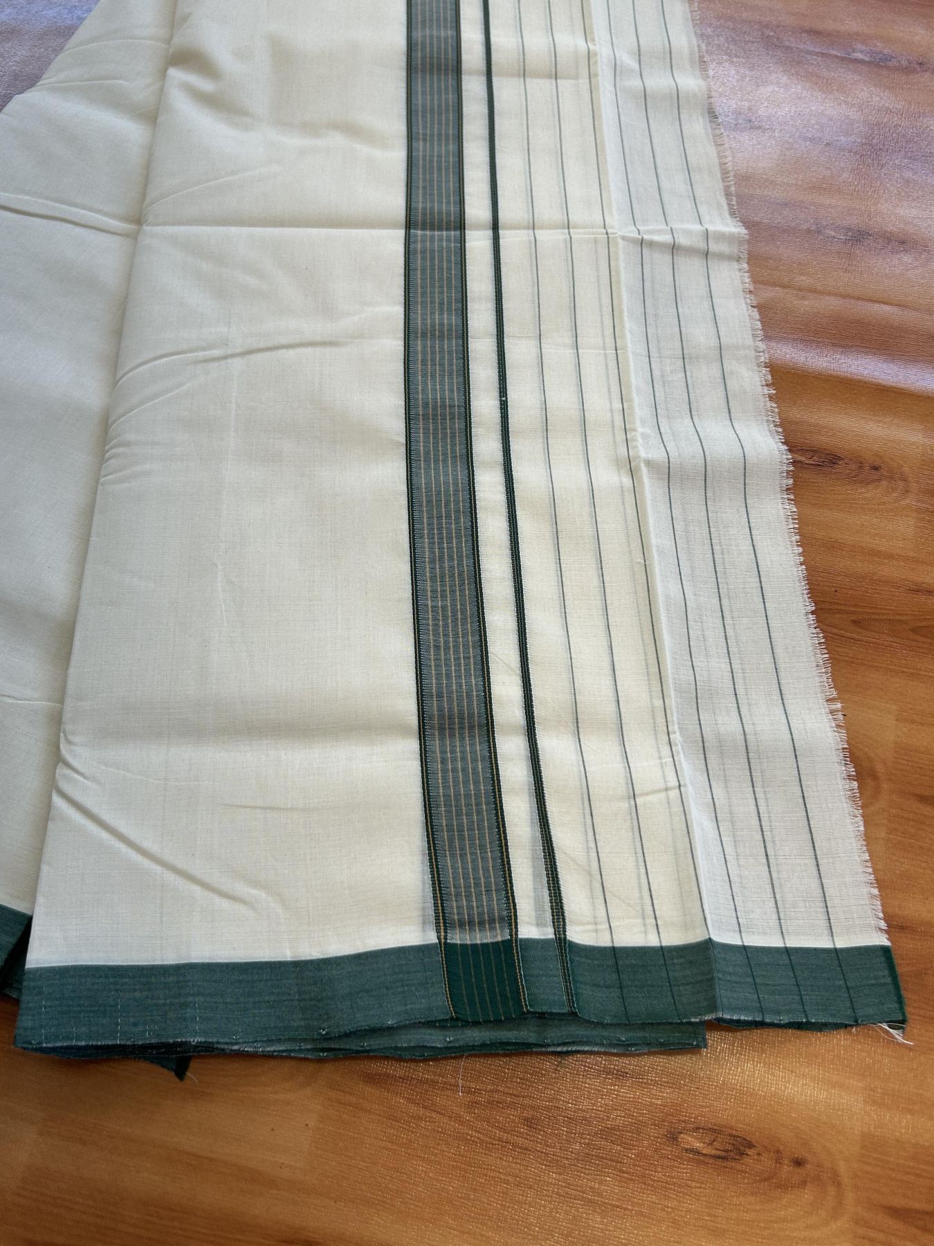 Double Off White (Unbleached) Mundu/Dhoti - 25% Discount!! KaithariKada Handloom Unakkupaav - Kerala Handloom - 100% Pure Cotton - 100x80 - 6.5 inch Dark Green & Yellow Striped Kara 3.80 meter (8 muzham) - 44 KK5436 REA