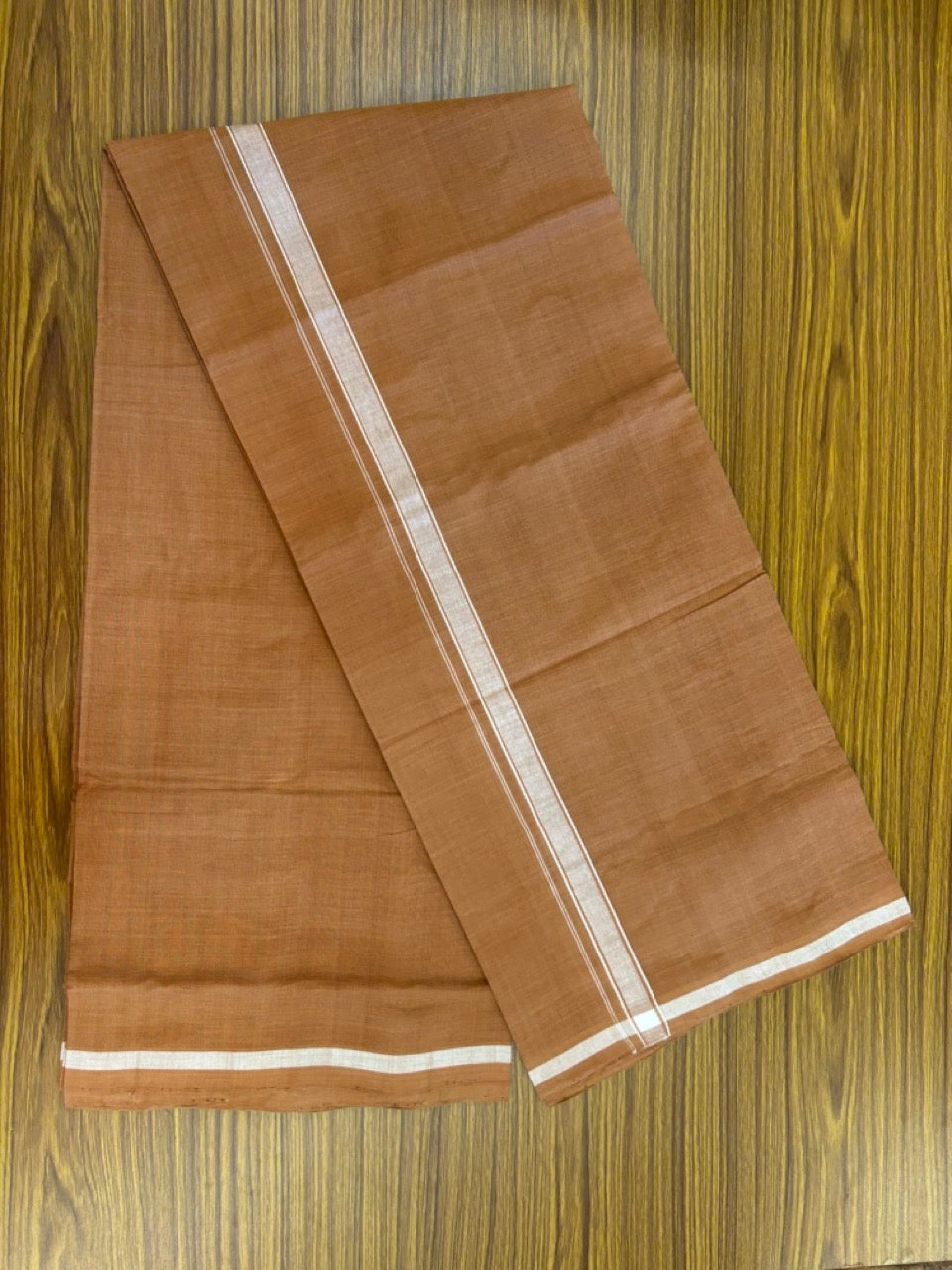 10% Discount !! KaithariKada 100% Pure Cotton - HANDLOOM Single Mundu/Dhoti KAVI Brown COLOUR BODY & 0.75 inch White Striped Kara - 2.5mtr (5.36 muzham)- 17KK8020ELA