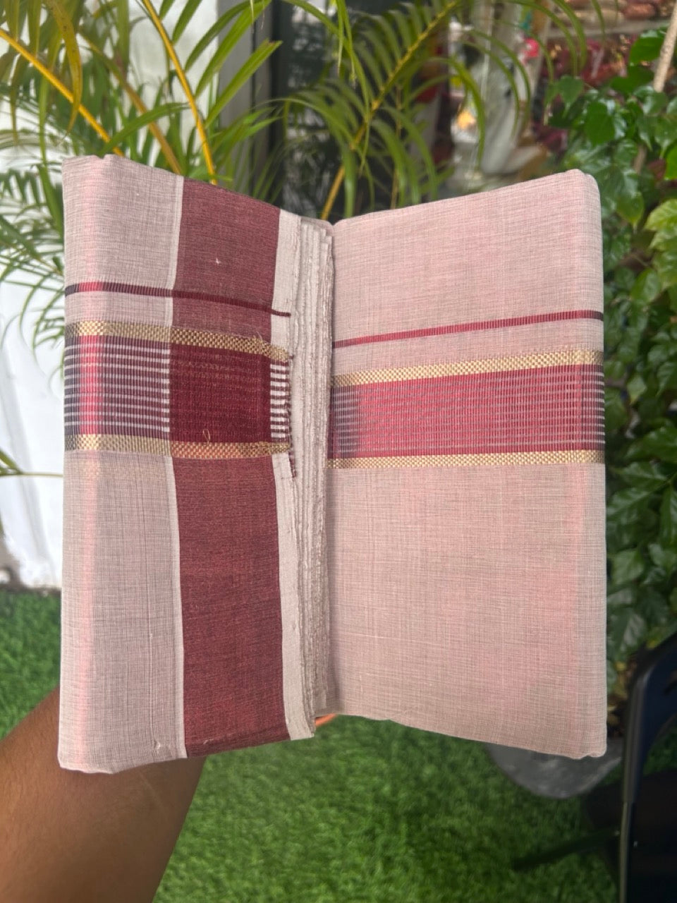 25% DISCOUNT! KaithariKada HANDLOOM MILLPAAV Balaramapuram - 100% PURE Cotton Off White (Unbleached) - Double Mundu/Dhoti - 2 inch Gold Kasavu striped kara & Maroon Tissue Body - 27KK5170RAM