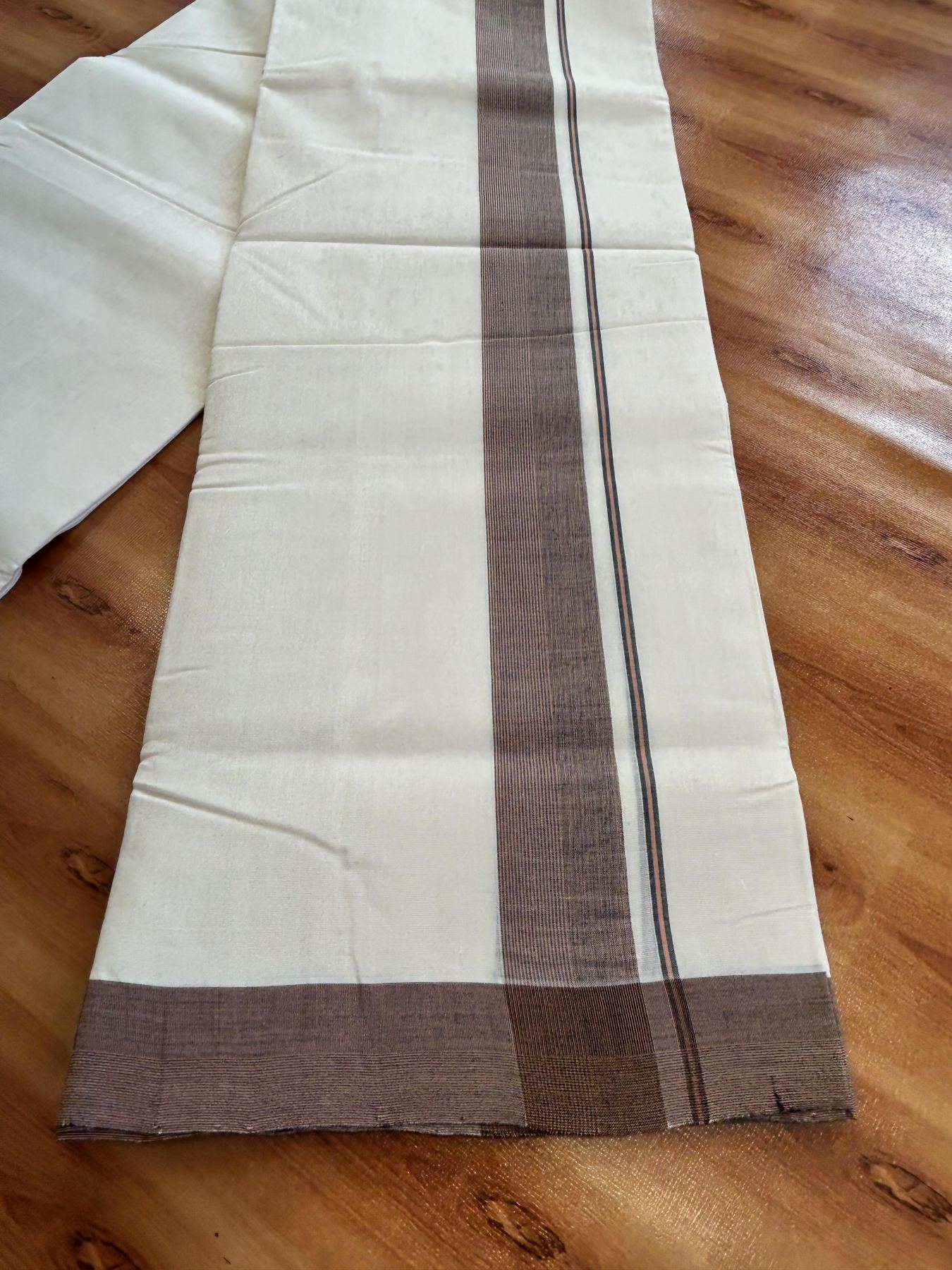 Double Off White (Unbleached) Mundu/Dhoti - 25% Discount!! KaithariKada Handloom Unakkupaav - Kerala Handloom - 100% Pure Cotton - 100x80 - 1.75 inch Ash Black & Pastel Orange Striped Shaded Kara 3.80 meter (8 muzham) - 47 KK5436 REA