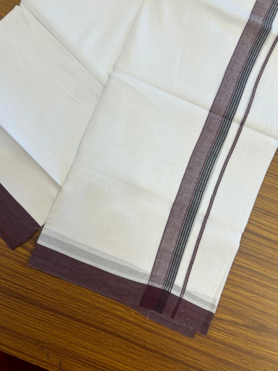 14% Discount ! Kaitharikada Balaramapuram 100% Cotton Pure White Double Mundu/Dothi - 72x72 - 1.25 inch Wine Purple & Black Striped Kara 3.65 mtr (8 muzham) - 11 KK5298 SKM